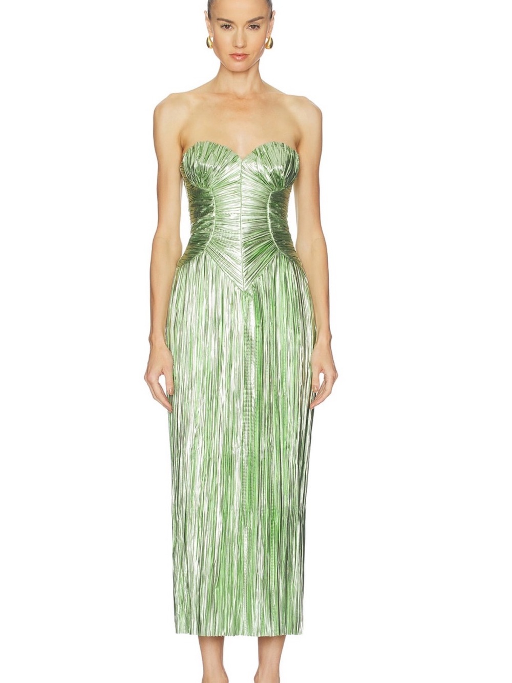 Cult Gaia Ashika Strapless Green Metallic Pleated Midi Dress